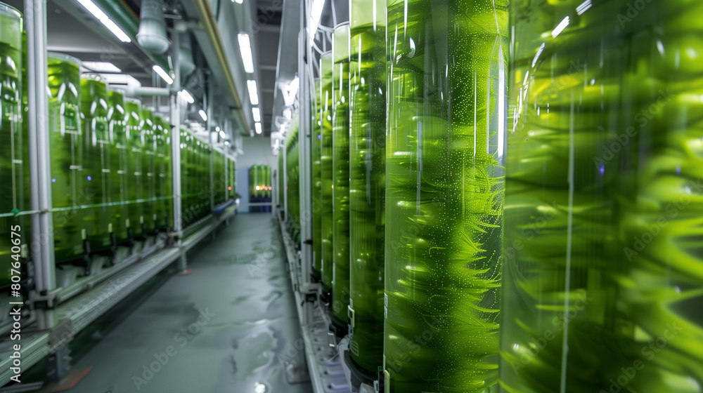 Poster a row of green tanks with a green liquid inside. the tanks are lined up in a row and are all the sam