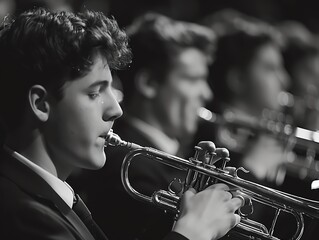 Young musician playing the trumpet in a jazz band.