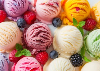 Colorful Assortment of Ice Cream Scoops with Fresh Berries Close-Up.