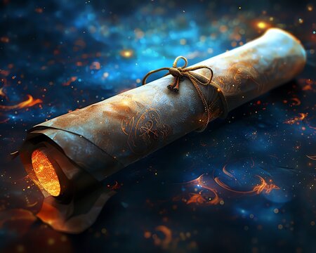 The image shows an ancient scroll with a glowing fire inside. The scroll is floating in a sea of stars.