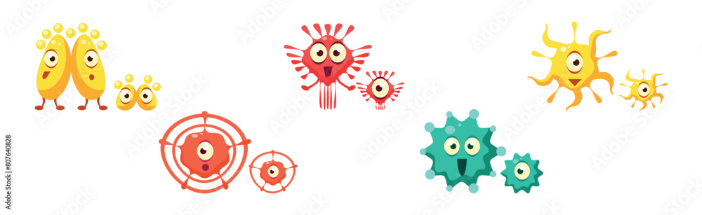 Poster bacteria and microbes characters with funny smiling faces vector set