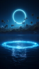 Glowing blue neon ring floating on water