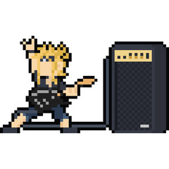 Pixel art cartoon rocker guitarist character with big speaker