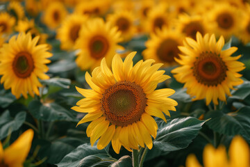 Fototapeta premium Aerial view of vast sunflower fields with blooms facing upwards towards the midday sun. AI generated.