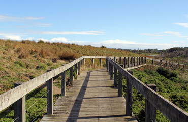 Wooden boardwalk through a natural landscape at Swan Lake on Phillip Island, Victoria, Australia