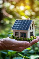 Hand holding an energy efficient model house with solar panels, ecology and sustainability concept
