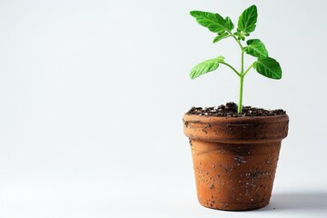 Young tomato plant sprouting in a terracotta pot, isolated on a white background with ample copy space