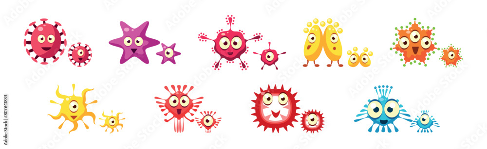 Poster bacteria and microbes characters with funny smiling faces vector set