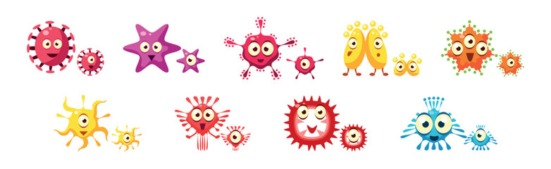 Bacteria and Microbes Characters with Funny Smiling Faces Vector Set