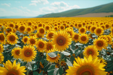 Obraz premium Drone shot of endless fields of sunflowers in bloom, stretching towards the horizon under a clear blue sky. AI generated.