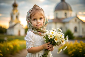 Russian day of family, love, fidelity. A beautiful little curly-haired girl in a Russian shawl with a bouquet of daisies on the background of an Orthodox church. 