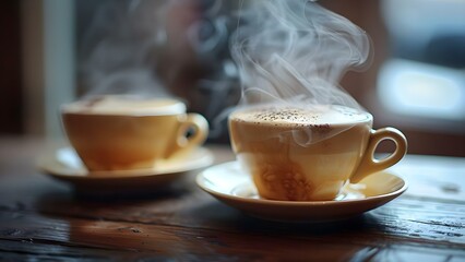 Closeup of steaming coffee and cappuccino cups. Concept Food Photography, Hot Beverages, Coffee Culture
