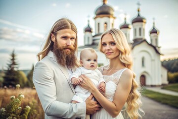 All-Russian day of family, love, fidelity. A man and a woman with daisies with a baby in their arms against the background of an Orthodox church. Valentine's Day of Peter and Fevronia.