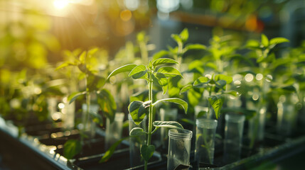 A row of plants in a greenhouse with a bright sun shining on them. The plants are in small plastic containers and are growing in a greenhouse
