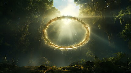 Obraz premium There is a huge golden halo in the center that hangs above the trees and vines