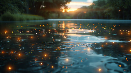 Glowing fireflies illuminate a peaceful evening by the lake, their light reflecting off the calm waters under a fading sunset sky.
