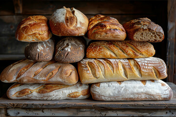 Close-up of assorted crusty bread loaves, artfully arranged on an aged wooden table. AI generated.