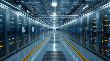 Corridor in Data Center with Racks and Supercomputers with Internet Connection Visualization