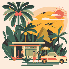 A cartoon drawing of a tropical island with palm trees, a house, and a car. A man and a woman are standing outside the house, and a bird is flying in the background