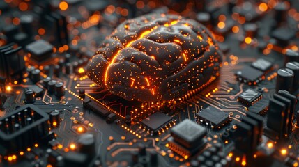A digital brain of artificial intelligence on a motherboard computer. Binary data. Futuristic Innovative Technology Concepts in Science - obrazy, fototapety, plakaty