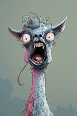 A wildly expressive and colorful cartoon of a screaming llama, showcasing exaggerated features and a humorous, whimsical style.