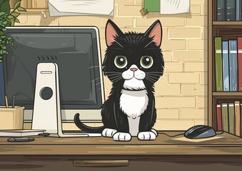 Cute Black and White Cat at Work Desk with Computer Illustration