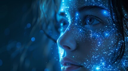 A human face with AI text on a blue background made from a digital circuit for a web banner.