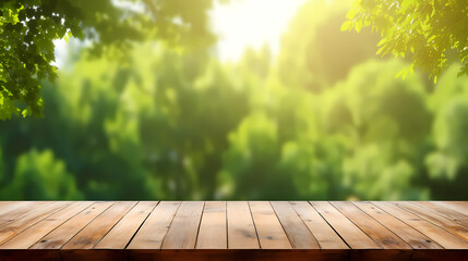 Empty wooden tabletop, spring park background