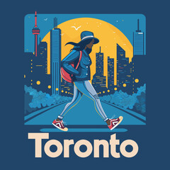 A woman is walking down a city street in Toronto. She is wearing a hat and carrying a backpack