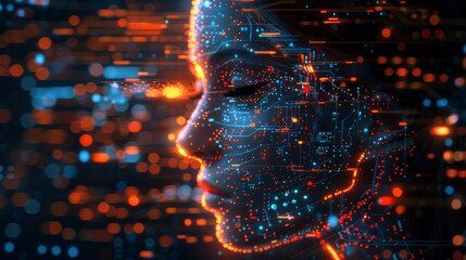 For an Artificial Intelligence (AI) concept, a responsive web banner is designed with an illustration of a human face on a hi-tech background.
