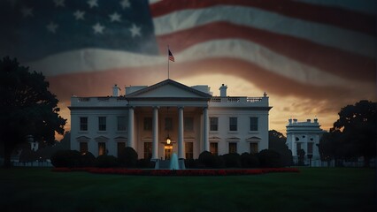 Naklejka premium American flag with dark and moody atmosphere, bright and vibrant colors glow against the backdrop of the White House, veterans day, memorial day, armed forces day