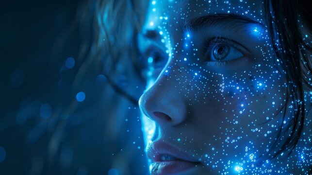 A human face with AI text on a blue background made from a digital circuit for a web banner.