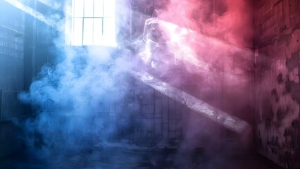 Mystical loft space with fog and sunlight filtering through the clouds. Concept Mystical Atmosphere, Loft Space, Foggy Ambiance, Sunlight Filtering, Clouds