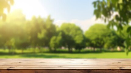 Empty wooden tabletop, spring park background