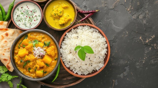 Bountiful Bowl of Indian Food, Potato Curry Served with Rice and Flat Bread, Closeup View.