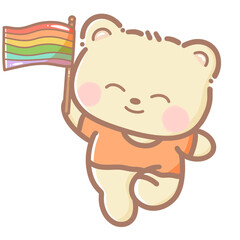 Handdrawn illustration Cute kawaii yellow teddy bear pride month Lgbt Rainbow clipart pastel color greeting card party invitation