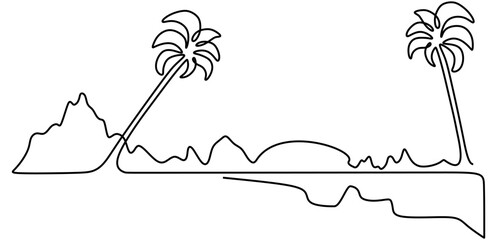 Line drawing of beach with palm tree. Abstract tropical landscape with sea and clouds in simple linear style. Travel vacation in editable stroke. Doodle panoramic vector illustration