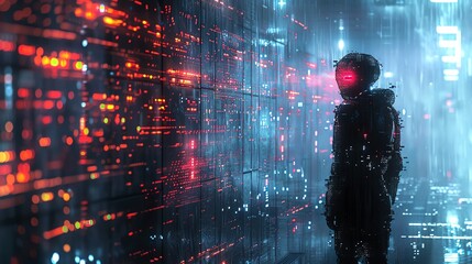 A captivating digital artwork of an astronaut exploring a neon-lit data center, symbolizing the intersection of humanity and advanced technology.