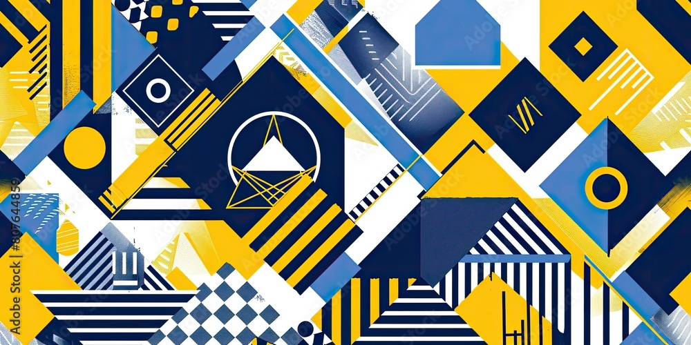 Poster a blue and yellow geometric pattern design with triangles, squares, lines, and stripes in shapes on 