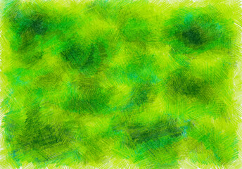 Background filled with texture drawn with colored pencils. Different shades of green, turquoise, yellow colors. Chaotical strokes. At times colors are darker and more saturated.