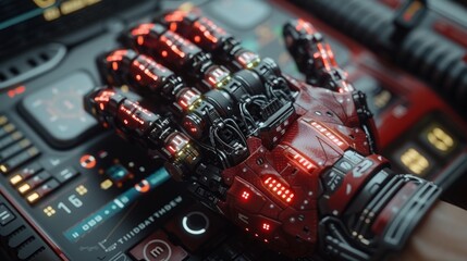 Artificial intelligence (AI). Robotic hand touching binary data. Deep learning. Brain-like algorithms. Neural networks. Big Data visualization.