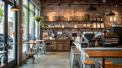 Chic coffee shop with modern interior featuring brick walls and loft design. Concept Coffee Shop, Modern Interior, Brick Walls, Loft Design, Chic Atmosphere