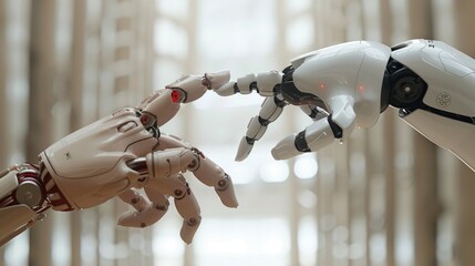 Digital graph interface with robot hand and human hand in 3D