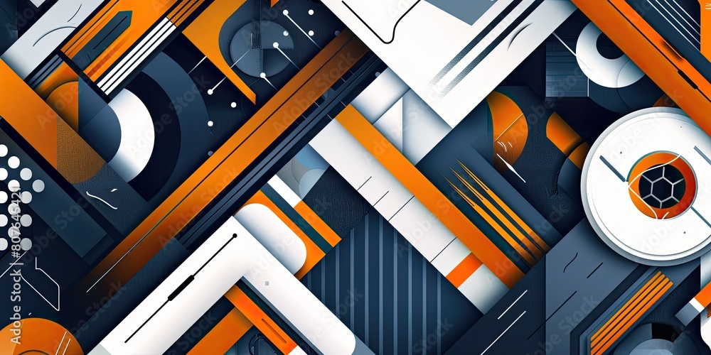 Poster a modern vector background design with navy blue, white and orange geometric elements arranged in an