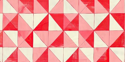 A Pink and white pattern with triangles, in the style of art. The design is symmetrical and uses geometric shapes to create an abstract composition.