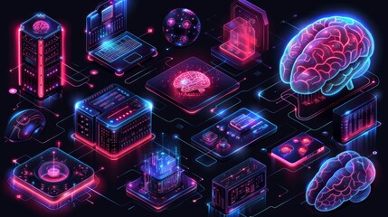 Isolated modern illustration icons set of artificial brain neural network, AI servers, robots, intelligent robotic building, and artificial bots.