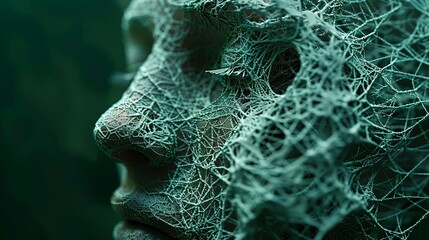 A digital human face in the form of artificial intelligence. A concept of big data or cyber security illustrated in 3D. - obrazy, fototapety, plakaty