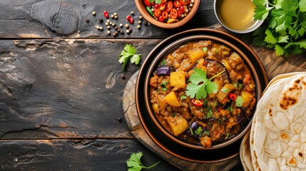 Closeup view of Delicious Potato and Brinjal Curry with Flat Bread (Roti) Indian breakfast, lunch, dinner menu ready to be enjoyed.