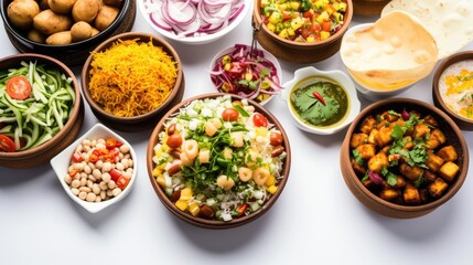 Top View of Mexican Dish Assorted Fresh Salsas and Dips in Various Bowls.