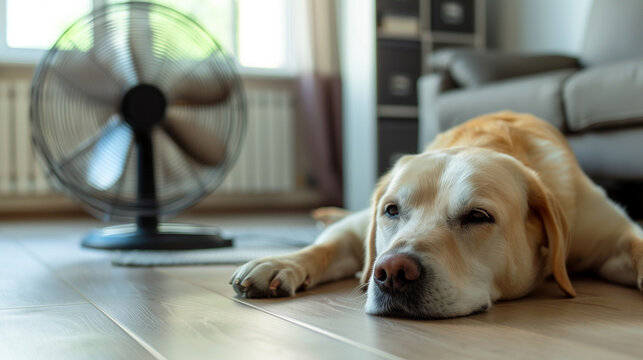 Pets, Heatstroke : Photo of a dog lying on the floor There is a fan that is spinning next to it. On a hotter than normal summer day.